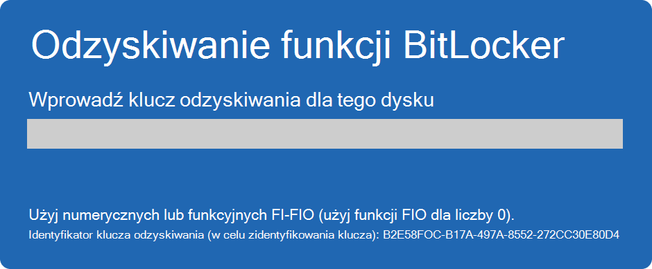 Niebieski ekran odzyskiwania BitLocker z prośbą o 48-cyfrowy klucz odzyskiwania